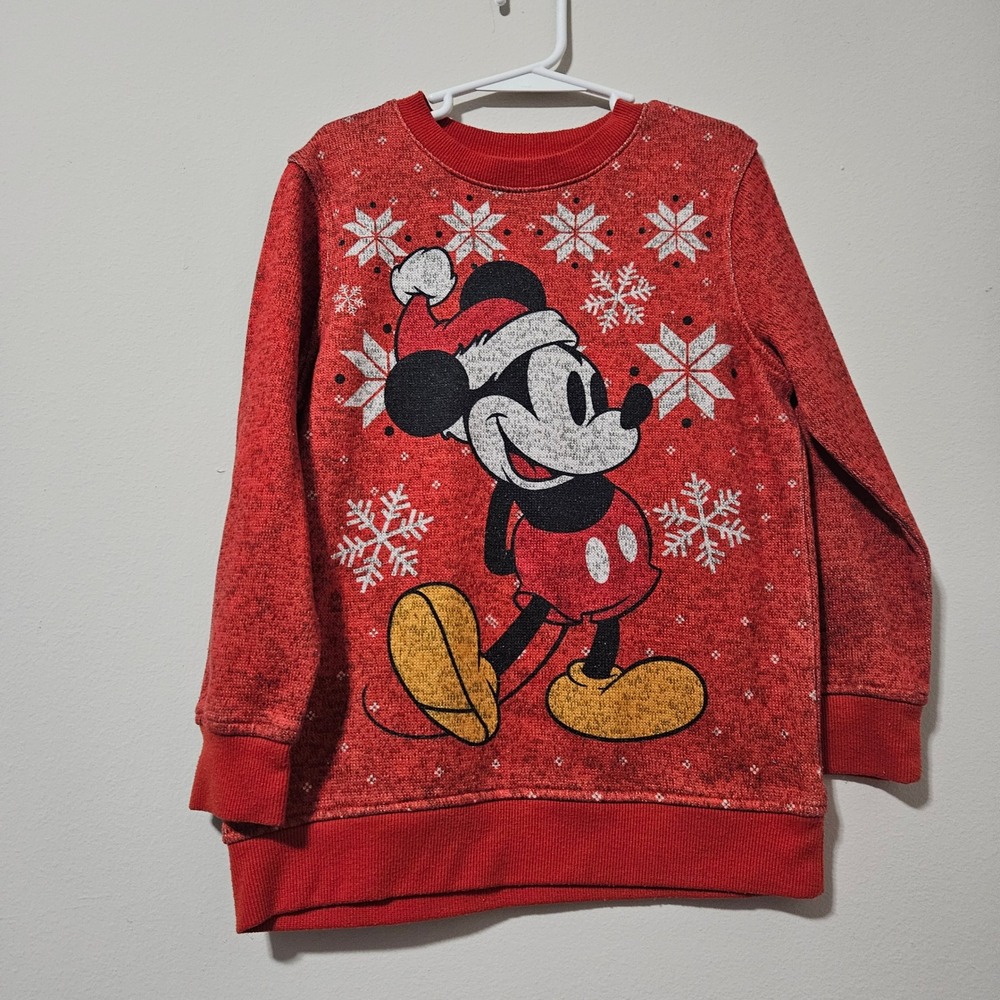 Disney Mickey Mouse Christmas Sweater Kids XS Red Holiday Snowflake Pullover